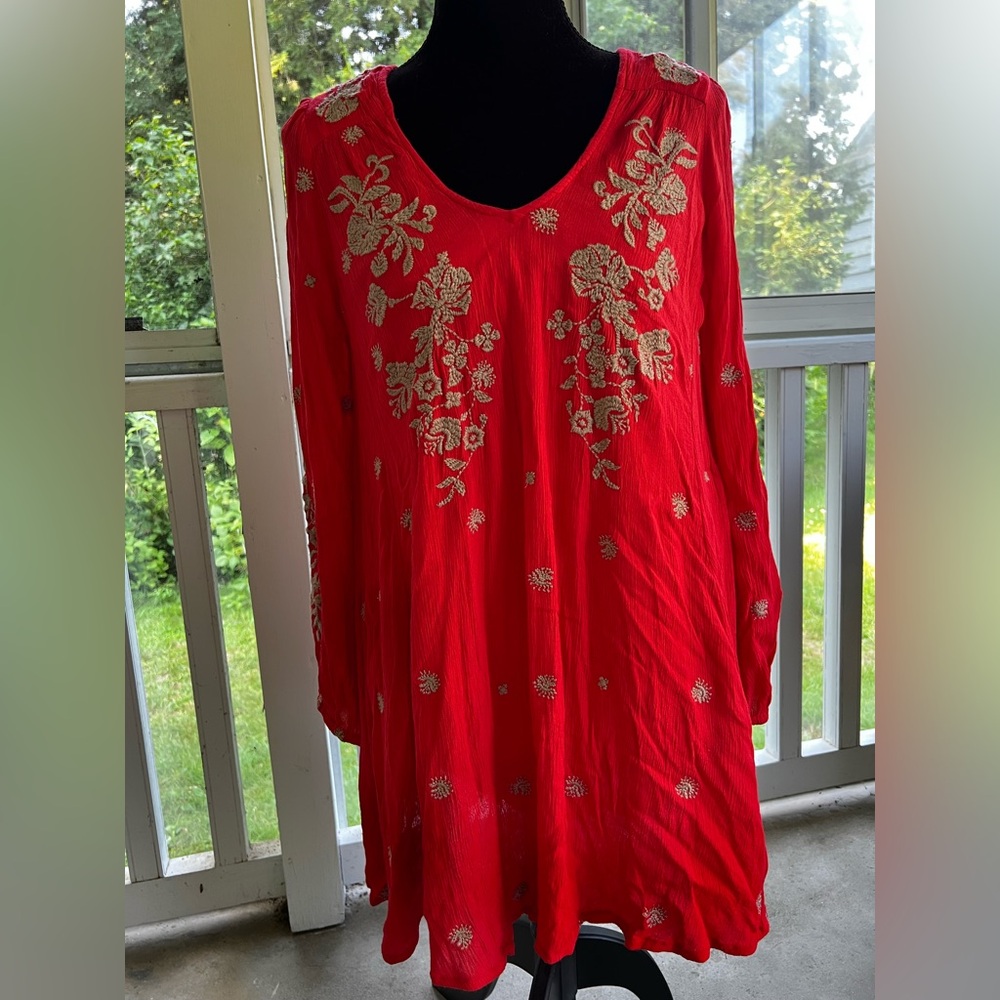 Free People Red Sweet Tennessee Mini Embroidered Women's Dress with pockets